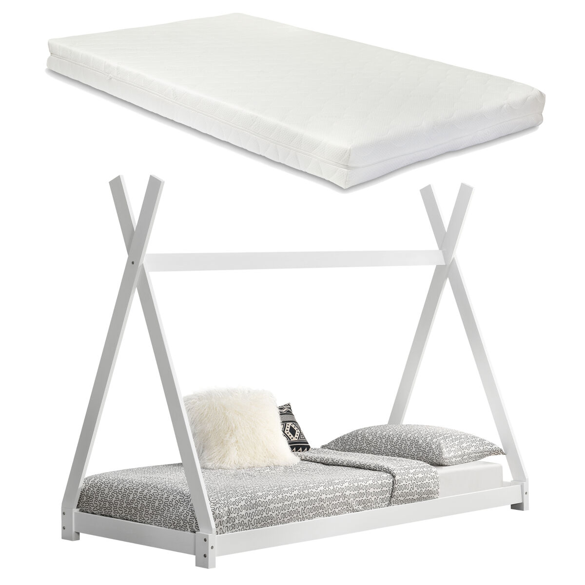 Onejda cama tipi para criança com colchão em madeira de pinho 90x200cm branco mate [en.casa].
