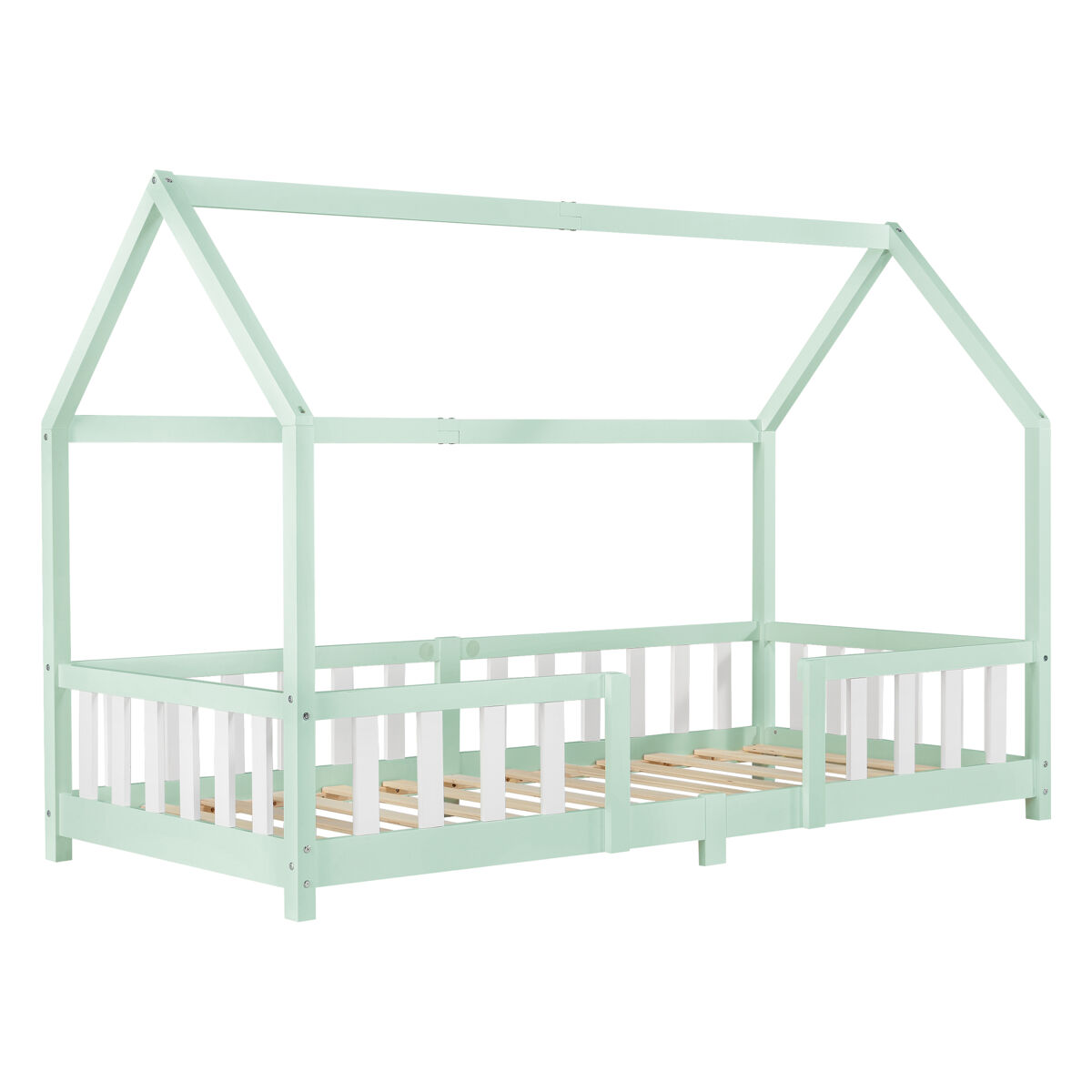 Cama de criança sisimiut forma de casa pinho 90x200 cm verde menta e branco mate [en.casa].