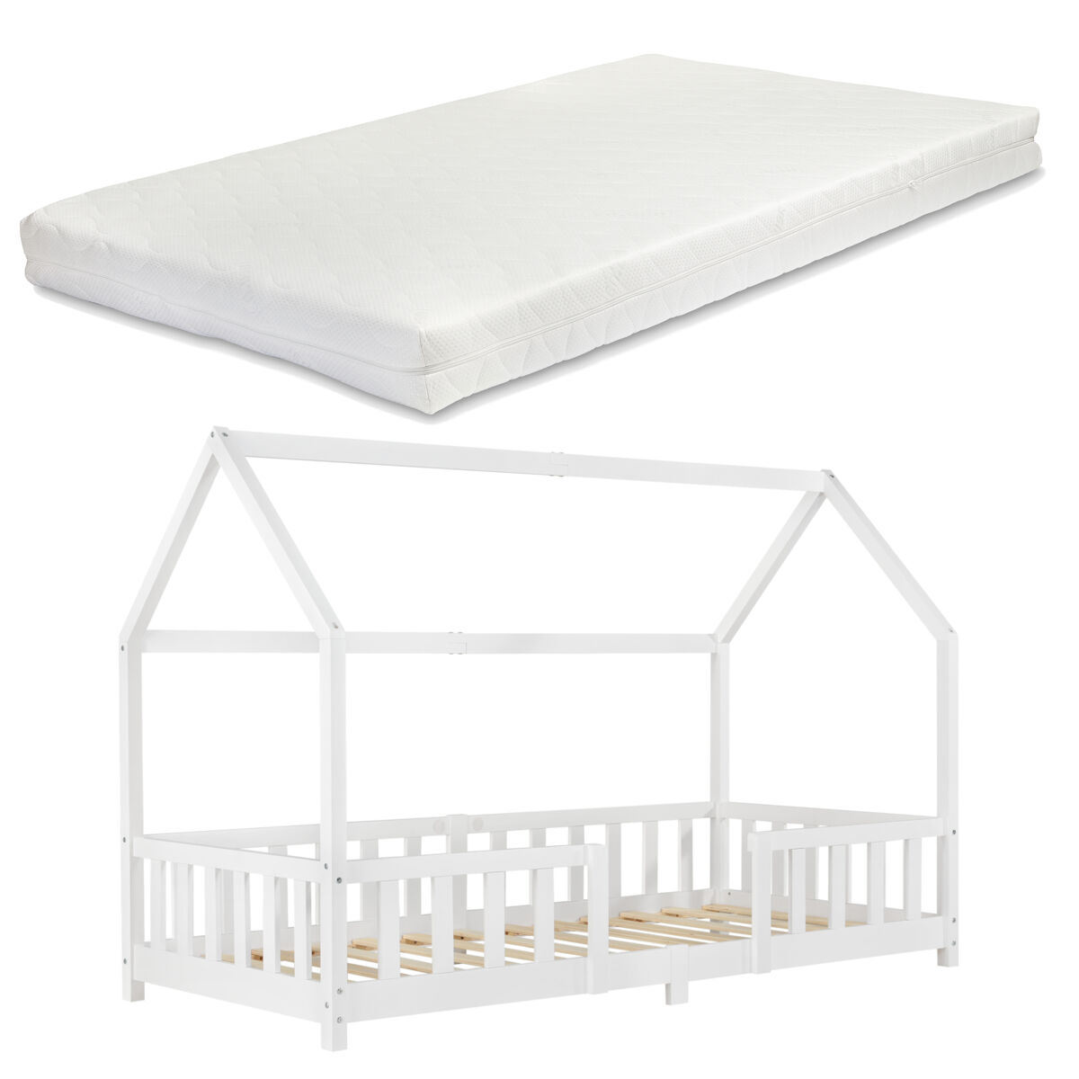 Cama de criança sisimiut forma de casa pinho com colchão 90x200 cm branco mate [en.casa][neu.haus].
