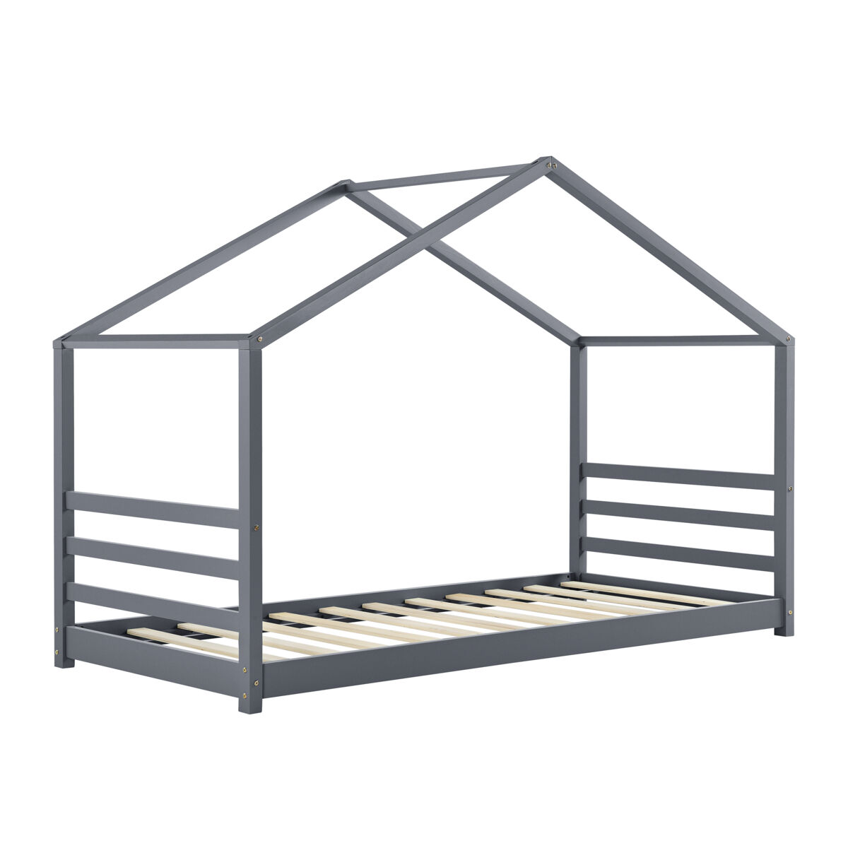 Cama de criança vardø com estrado de molas - forma de casa - pinho 90 x 200 cm - cinzento escuro mate [en.casa].