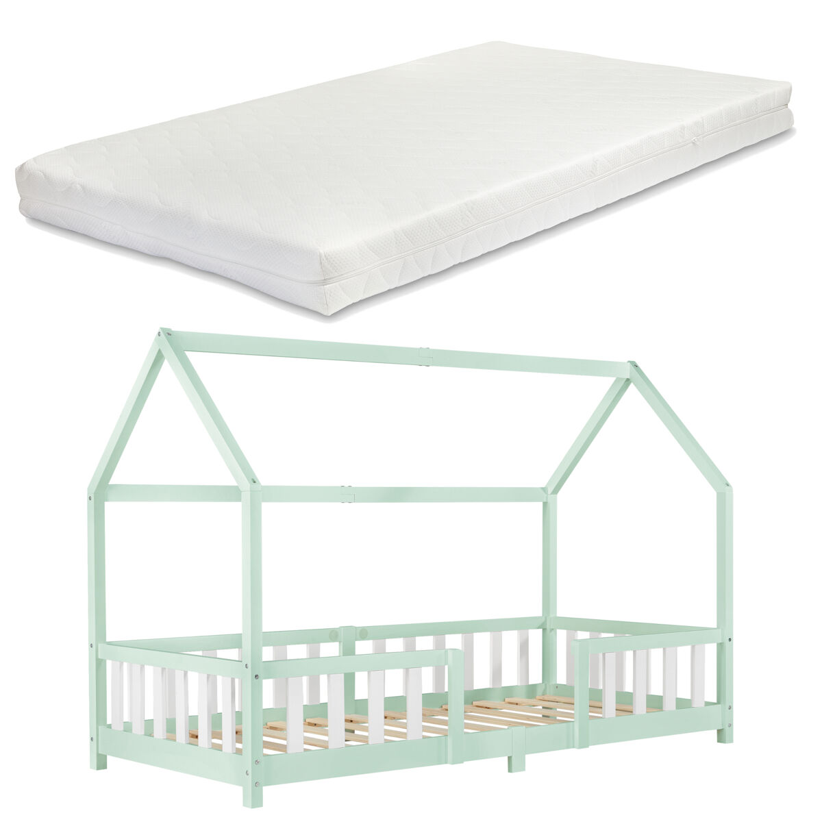Cama de criança sisimiut forma de casa pinho com colchão 90x200 cm verde menta branco mate [en.casa][neu.haus].