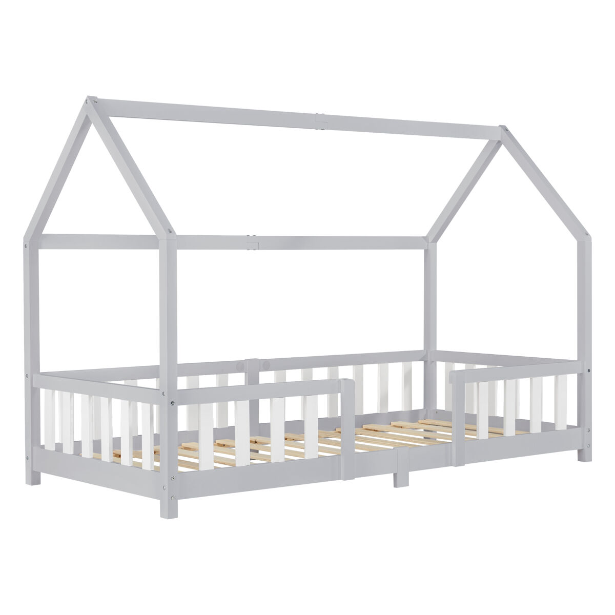 Cama de criança sisimiut forma de casa pinho 90x200 cm cinzento claro e branco mate [en.casa].