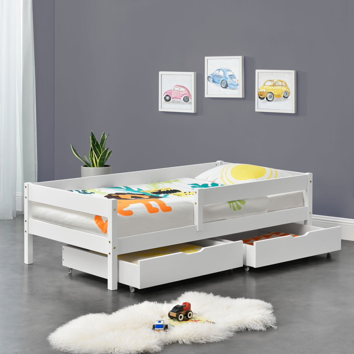 Cama de criança borgarnes com 2 gavetas, estrado e protecção anti-queda - pinho 90 x 200 cm - branco [en.casa].
