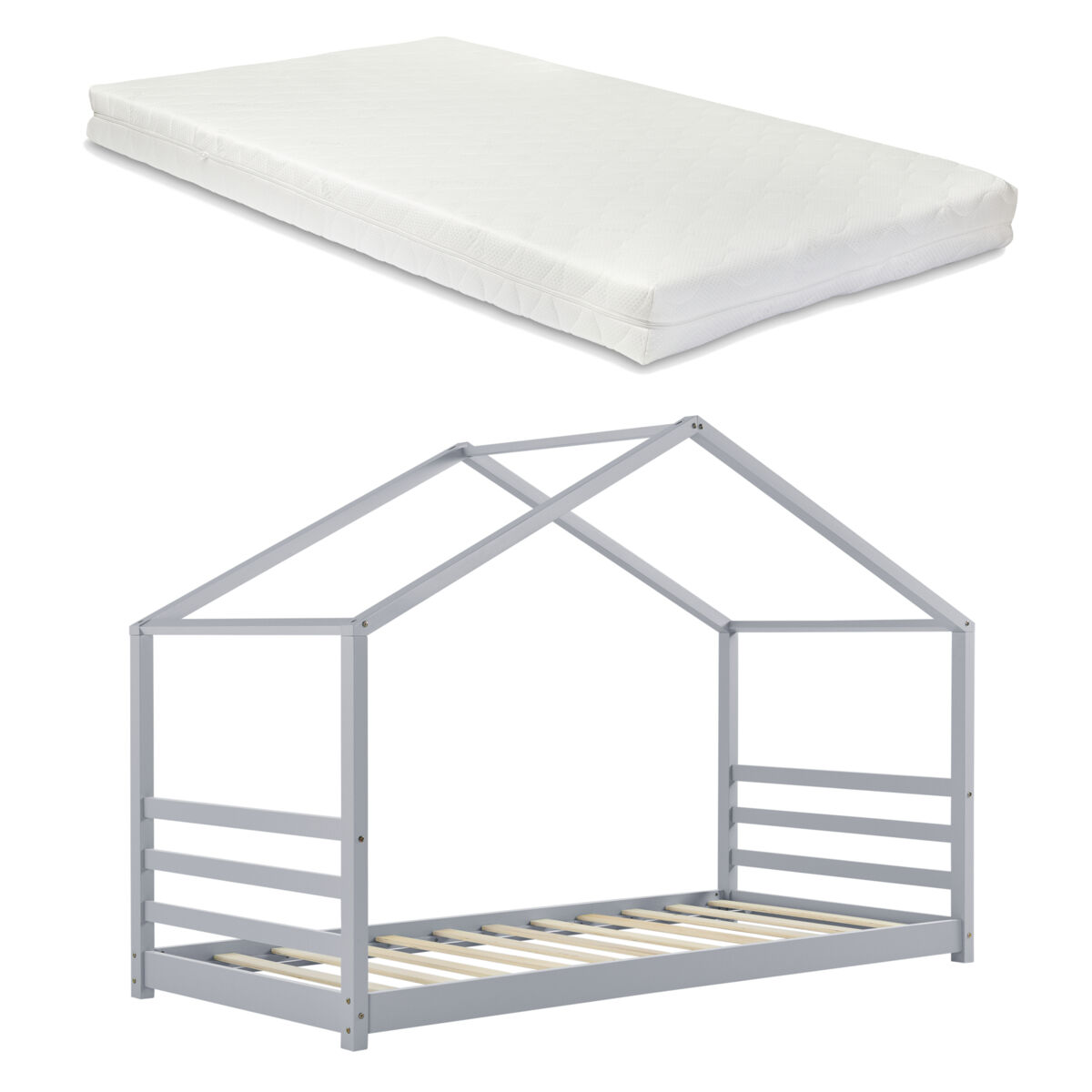 Cama de criança vardø com colchão e estrado de molas - forma de casa - pinho - 200 x 90 cm - lacado cinzento mate [en.casa].
