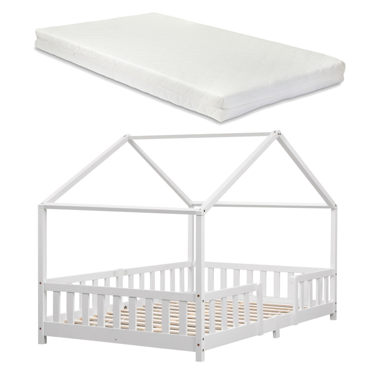 Cama de criança treviolo em forma de casa em pinho com colchão 120x200 cm branco mate [en.casa][neu.haus].