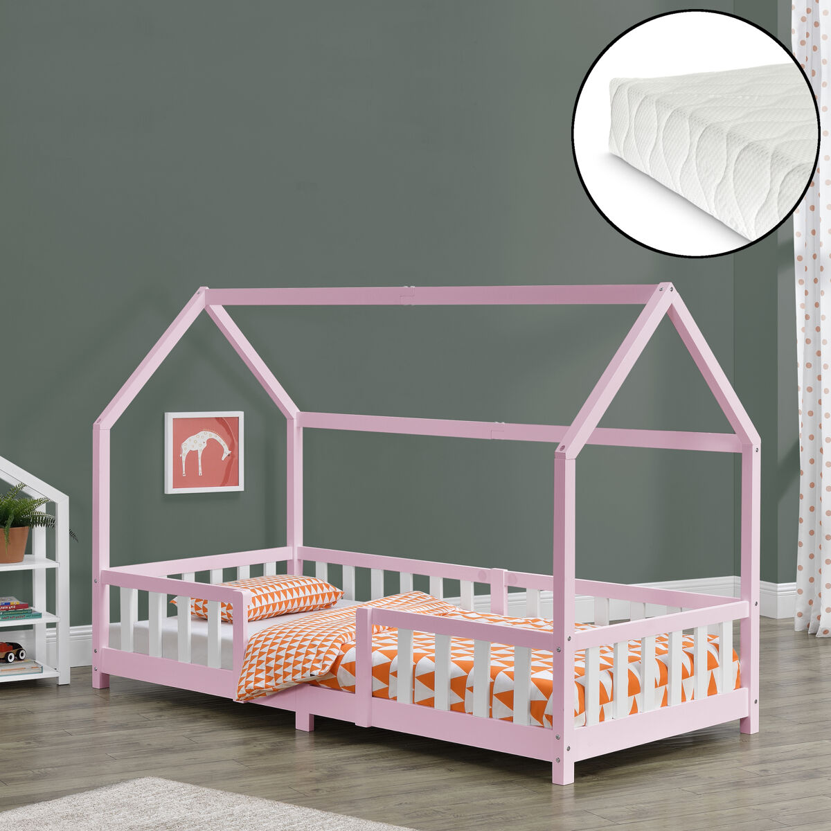 Cama de criança sisimiut forma de casa pinho com colchão 90x200 cm rosa branco mate [en.casa][neu.haus]