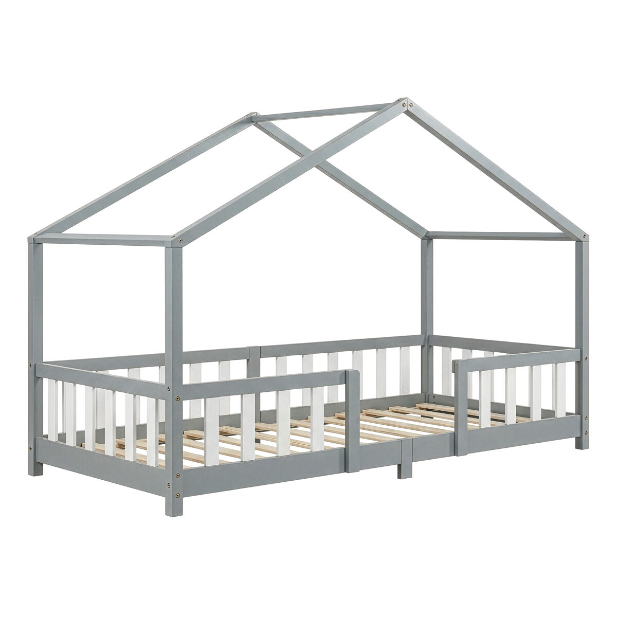 Cama de criança treviolo forma de casa pinho + colchão 90x200 cm - cinzento claro [en.casa]