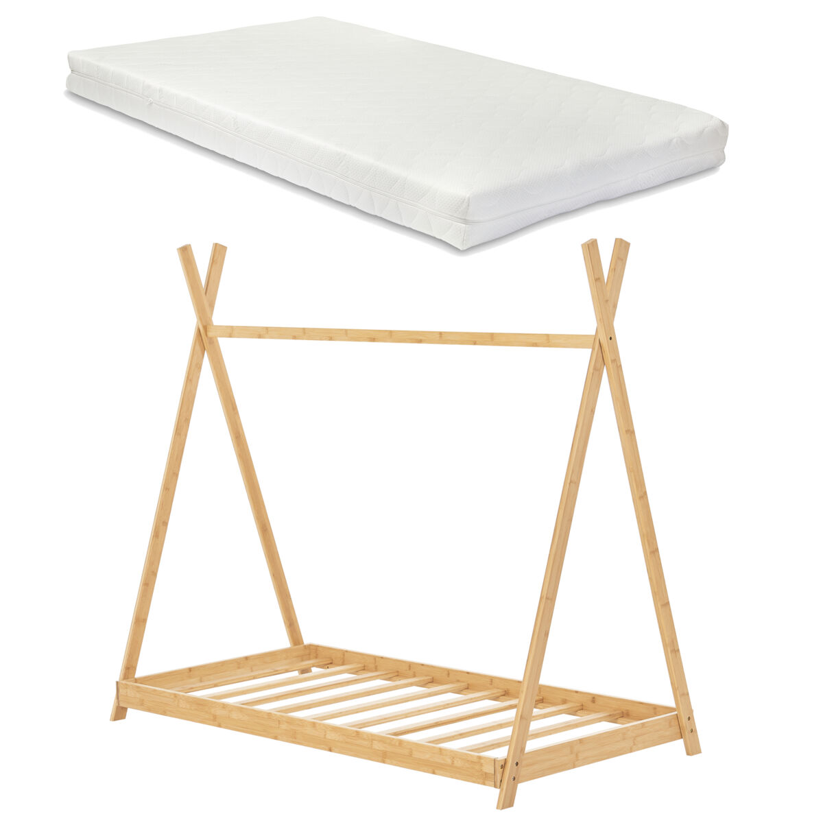 Tipi vimpeli cama de criança + 1 colchão máx. 200 kg bambu 90 x 200 cm - natural [en.casa] y [neu.haus].