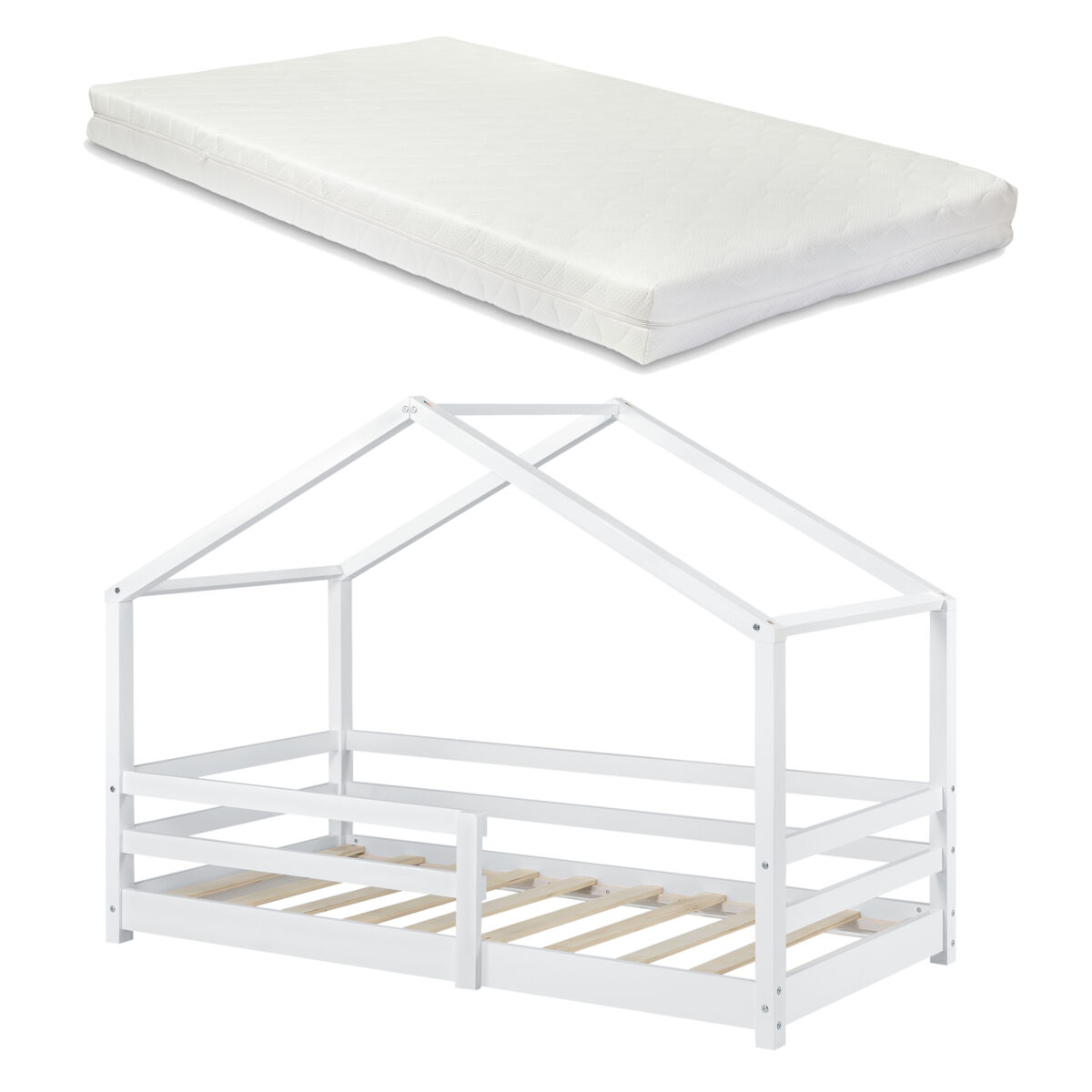 Cama de criança knätten - cottage - com colchão, estrado de ripas e estrado de molas - pinho 90 x 200 cm - branco mate [en.casa].