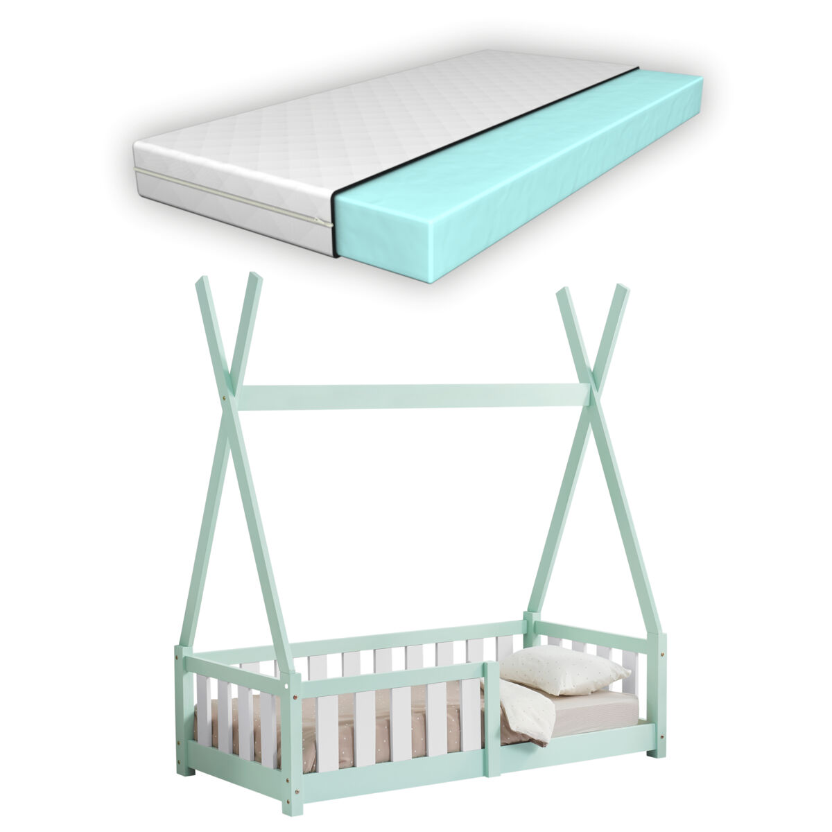 Cama de criança helsingborg com grelha de segurança e colchão - tipi design - pinho 140x70 cm - verde menta [en.casa].