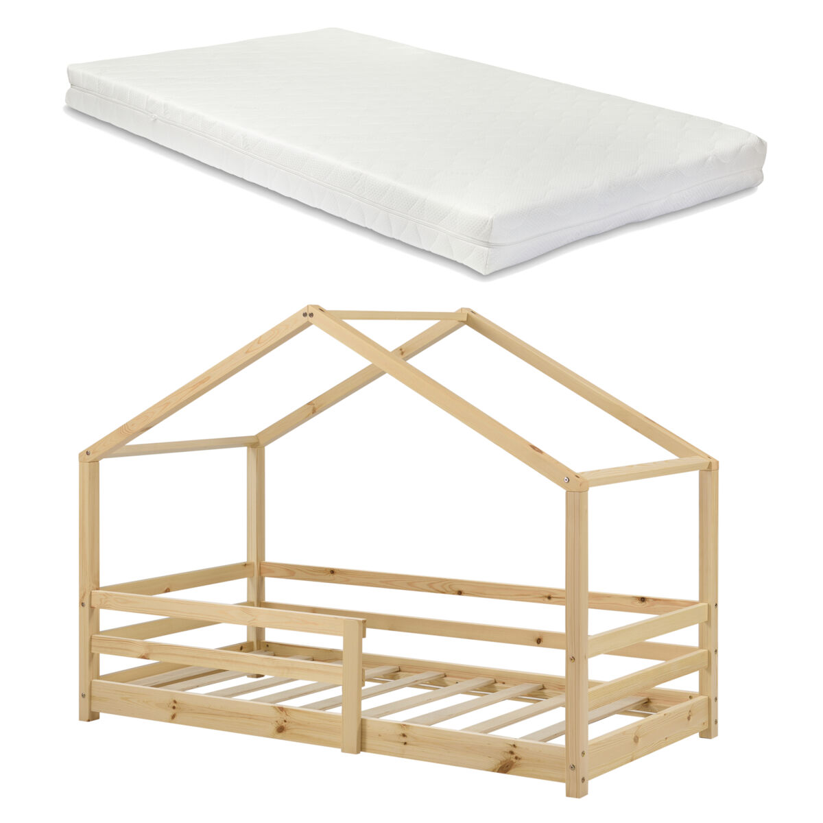 Cama de criança knätten - casa de campo - com colchão, estrado de ripas e estrado de molas - pinho 90 x 200 cm - natural [en.casa].