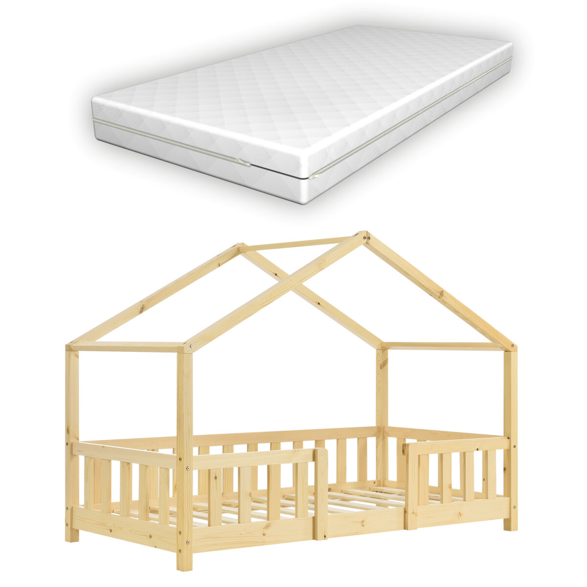 Cama de criança Treviolo forma casa pinho + colchão [en.casa] 86x166