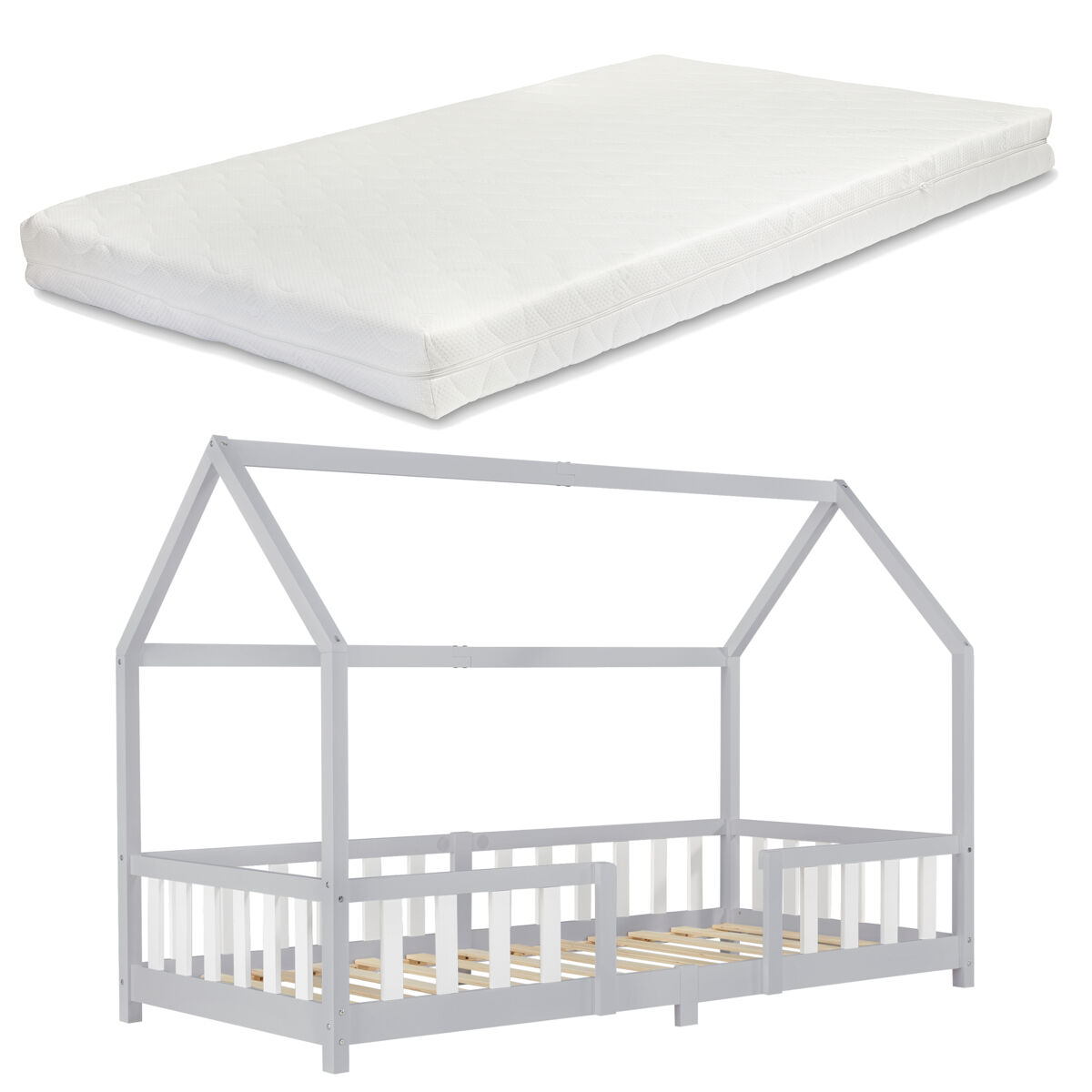 Cama de criança sisimiut forma de casa pinho com colchão 90x200 cm cinzento claro branco mate [en.casa][neu.haus].