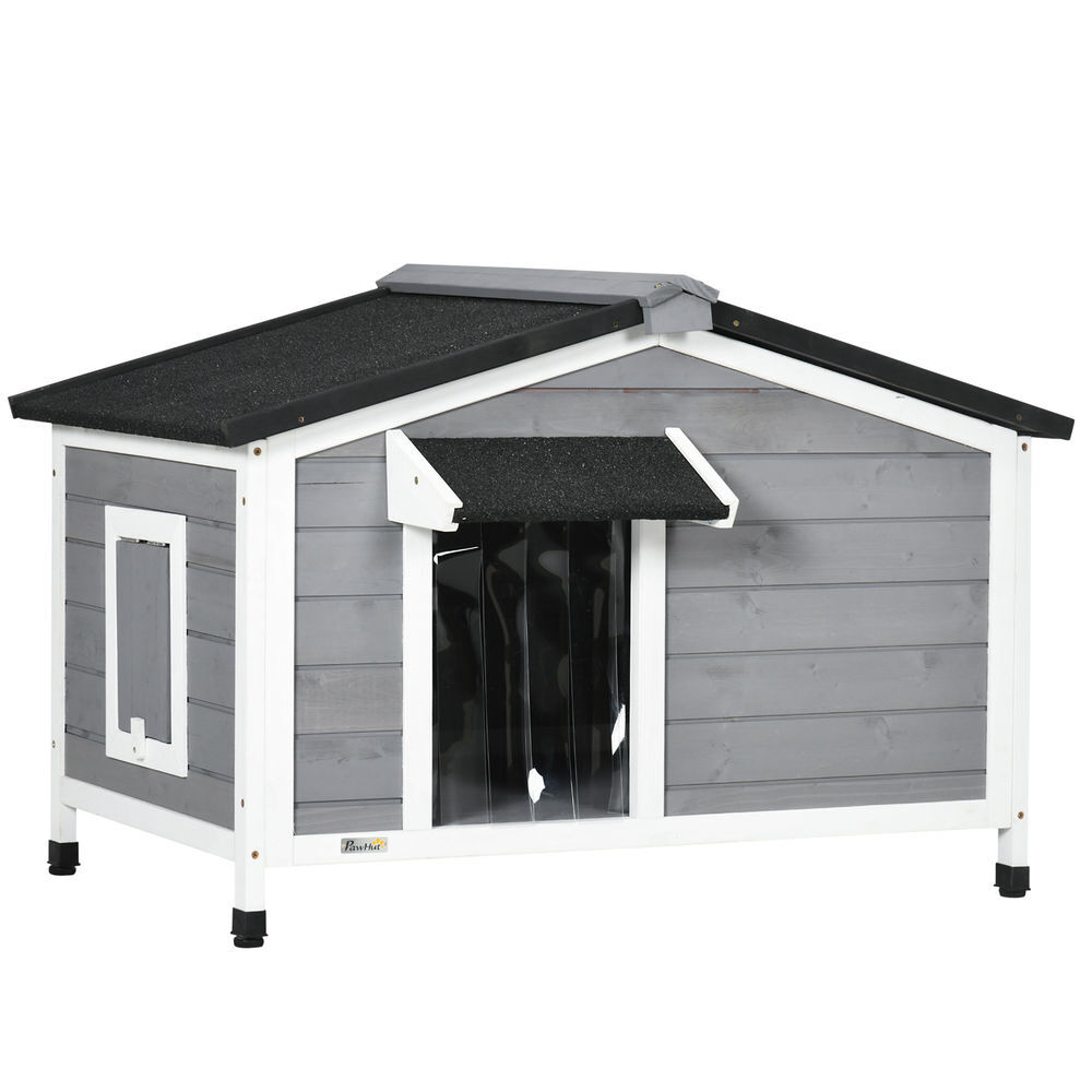 Pawhut casa para cães de madeira 97x72x65 cm casa para animais de estimação com teto asfáltico 2 janelas porta com cortina e base amovível cinza
