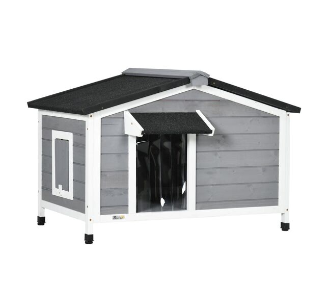 Pawhut casa para cães de madeira 97x72x65 cm casa para animais de estimação com teto asfáltico 2 janelas porta com cortina e base amovível cinza
