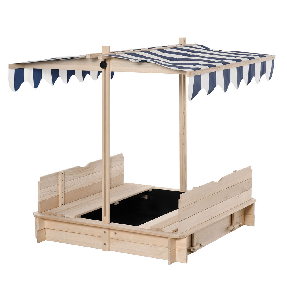 Outsunny caixa de areia de madeira para crianças acima de 3 anos com banco toldo ajustável removível 106x106x121cm carga 50kg madeira