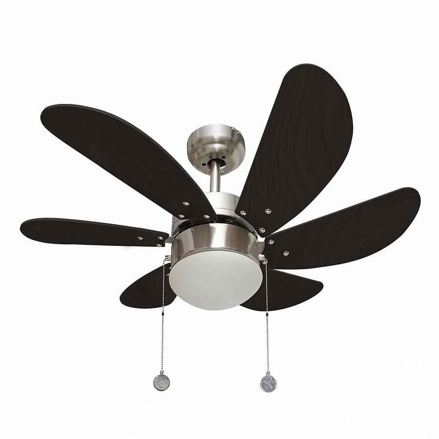 Ventilador de tecto em metal de cor níquel acetinado, o abajur é feito de vidro opalino e as 6 pás têm acabamento em wengué. série akunadecor 85cm