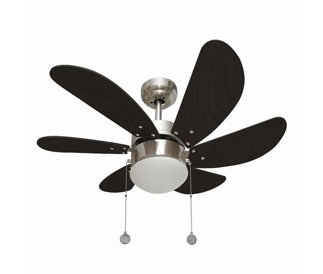 Ventilador de tecto em metal de cor níquel acetinado, o abajur é feito de vidro opalino e as 6 pás têm acabamento em wengué. série akunadecor 85cm