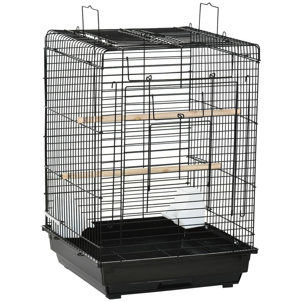 Pawhut gaiola para pássaros gaiola metálica para pássaros 40x40x59 cm com teto abatível 2 poleiros 2 comedouros e bandeja amovível para canários
