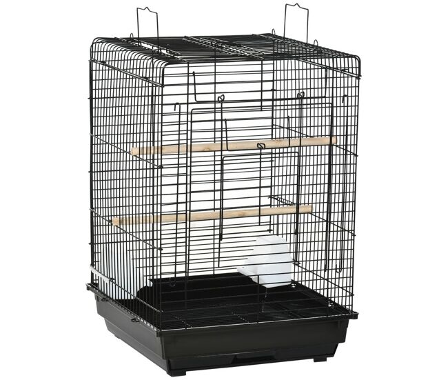 Pawhut gaiola para pássaros gaiola metálica para pássaros 40x40x59 cm com teto abatível 2 poleiros 2 comedouros e bandeja amovível para canários