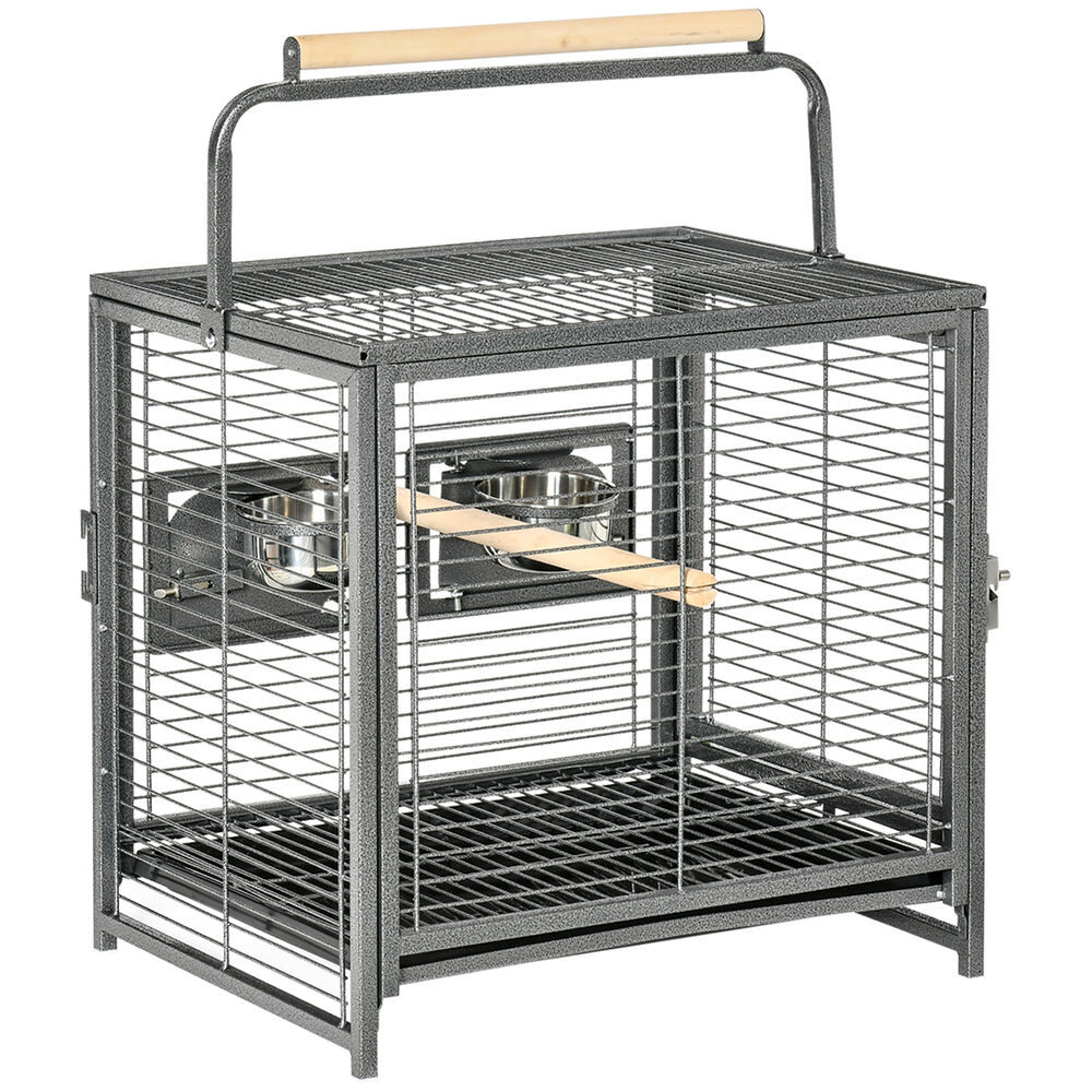 Pawhut gaiola para pássaros portátil com 2 poleiros de madeira comedouros de aço inoxidável e bandeja amovível para periquitos canários 48x38x47,8 cm