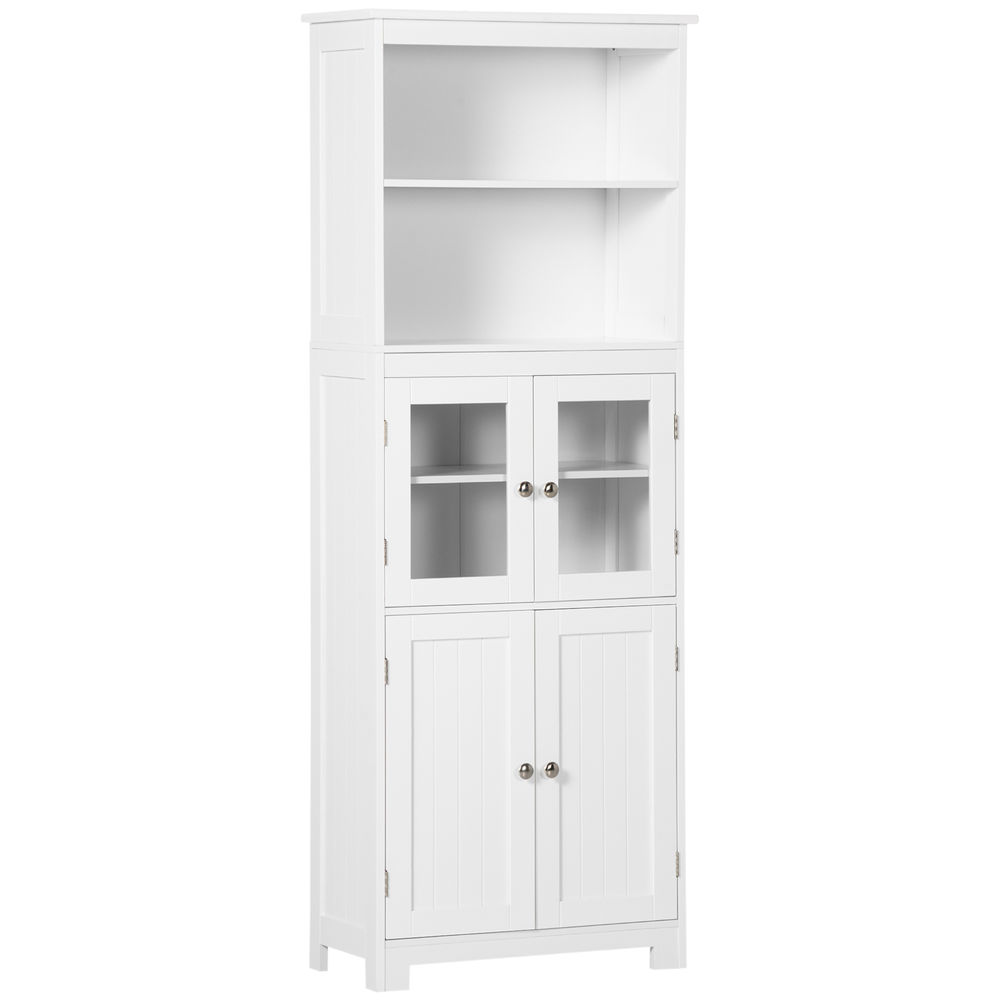 Homcom armário de cozinha com 2 portas de vidro temperado 2 prateleiras abertas e armário com prateleira ajustável para sala de estar 60x30x162 cm branco