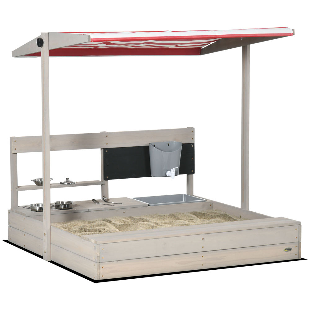 Outsunny arenário infantil de madeira com toldo ajustável, arenário com brinquedos de cozinha, prateleira e 2 assentos, jogo para crianças dos 3-7