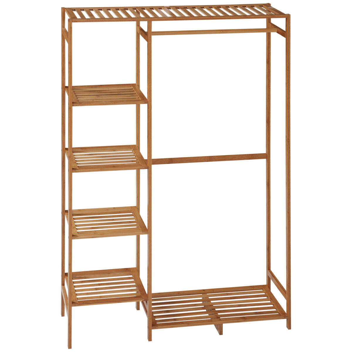 Homcom suporte para cabides de bambu cabideiro para roupa com prateleira de armazenamento de 6 níveis e barra de suspensão para sala de estar