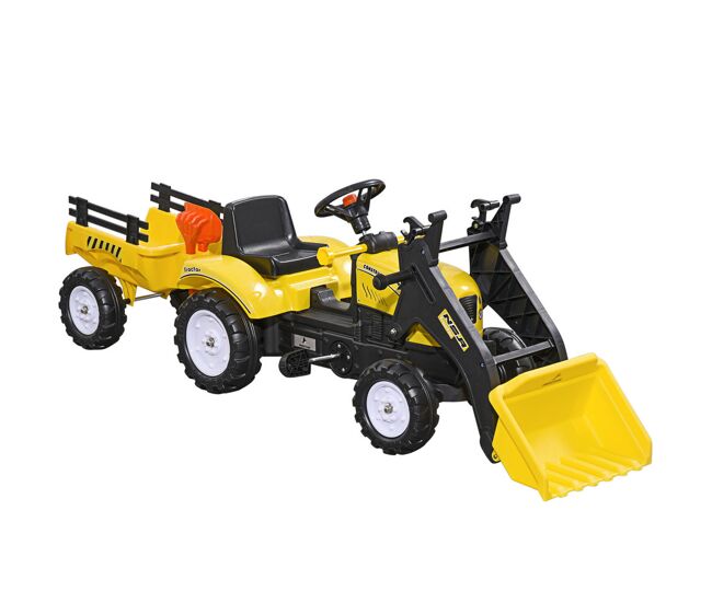 Homcom trator a pedais para crianças acima de 3 anos trator infantil com reboque e pá escavadora carga máxima 35 kg 167x41x52 cm amarelo e preto