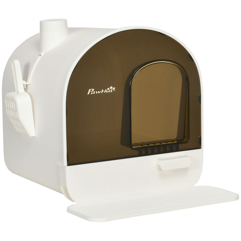 Pawhut caixa de areia para gatos caixa de areia fechada para gatos com porta dianteira bandeja removível pá tapete e filtro 43x44x47cm branco