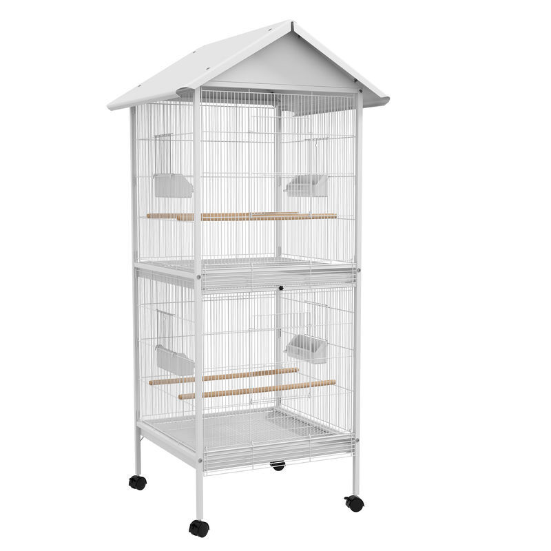 Pawhut gaiola para pássaros 2 em 1 gaiola de 2 andares com rodas 4 comedouros 4 poleiros e bandejas amovíveis para canários periquitos 78x75x168 cm