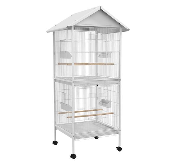 Pawhut gaiola para pássaros 2 em 1 gaiola de 2 andares com rodas 4 comedouros 4 poleiros e bandejas amovíveis para canários periquitos 78x75x168 cm