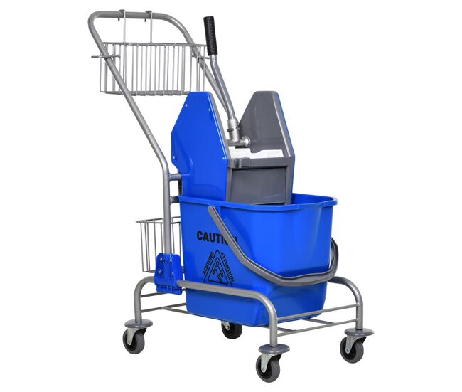 Homcom carro de limpeza balde para esfregona com escorredor a pressão rodas e cesto de armazenamento capacidade 26l 73x45x95 cm azul