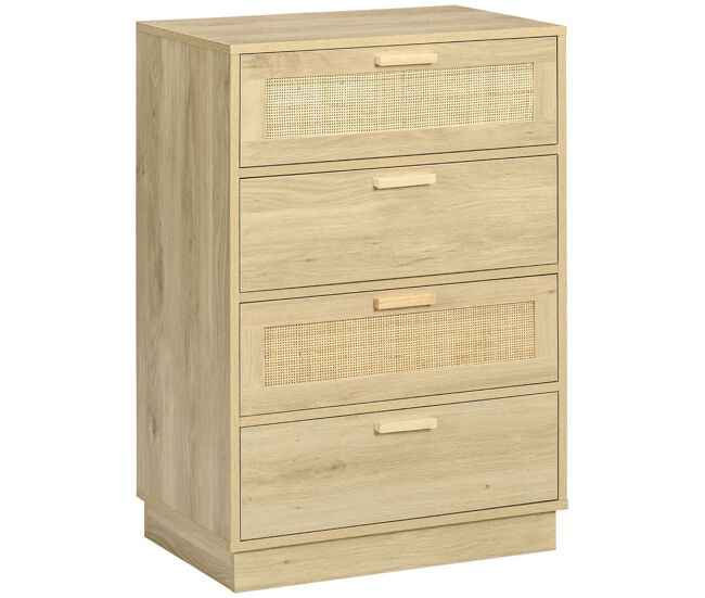 Homcom cómoda com 4 gavetas de vime cómoda de madeira para dormitório sala de estar estilo boêmio 60x38x88,5 cm madeira