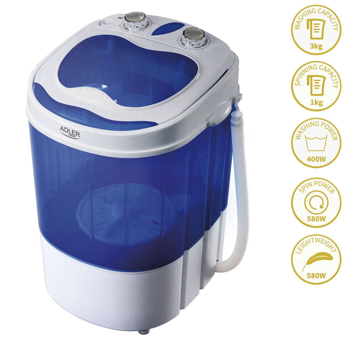 Adler ad8051 máquina de lavar roupa 3kg mini, 1kg centrifugada, perfeita para campismo, caravanas e autocaravanas, 150, branco azul
