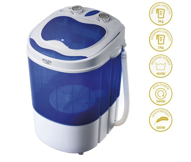 Adler ad8051 máquina de lavar roupa 3kg mini, 1kg centrifugada, perfeita para campismo, caravanas e autocaravanas, 150, branco azul