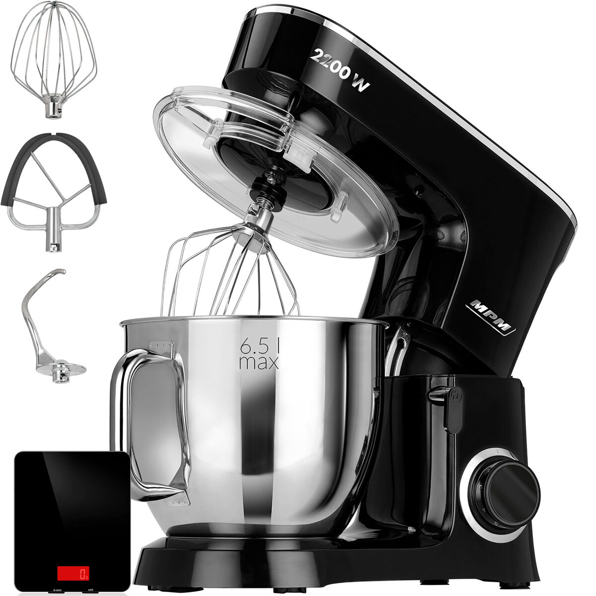 Mpm mrk-19b batedeira planetaria profissional de massa, robô de cozinha, 6,5 l, 6 velocidades, acessórios, inox, 2200, noir / inox