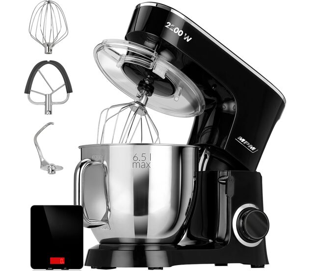 Mpm mrk-19b batedeira planetaria profissional de massa, robô de cozinha, 6,5 l, 6 velocidades, acessórios, inox, 2200, noir / inox