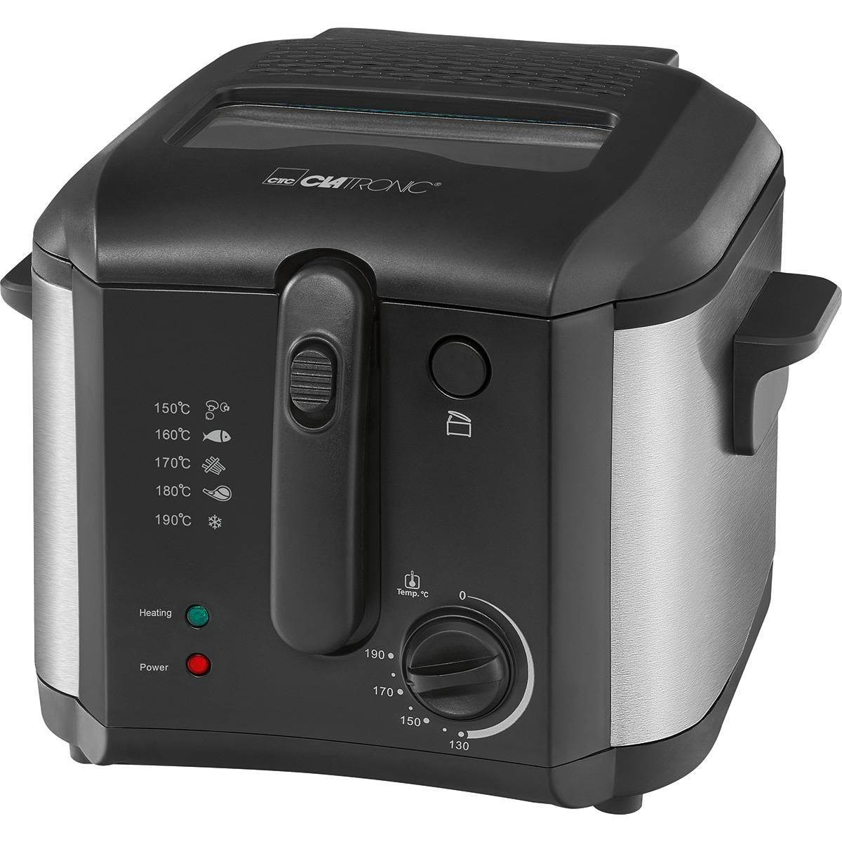 Clatronic fr 3649 fritadeira eeétrica 2,5 litros termóstato ajustável y temporizador, compacta, 1600, prata negra