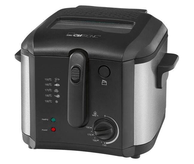 Clatronic fr 3649 fritadeira eeétrica 2,5 litros termóstato ajustável y temporizador, compacta, 1600, prata negra