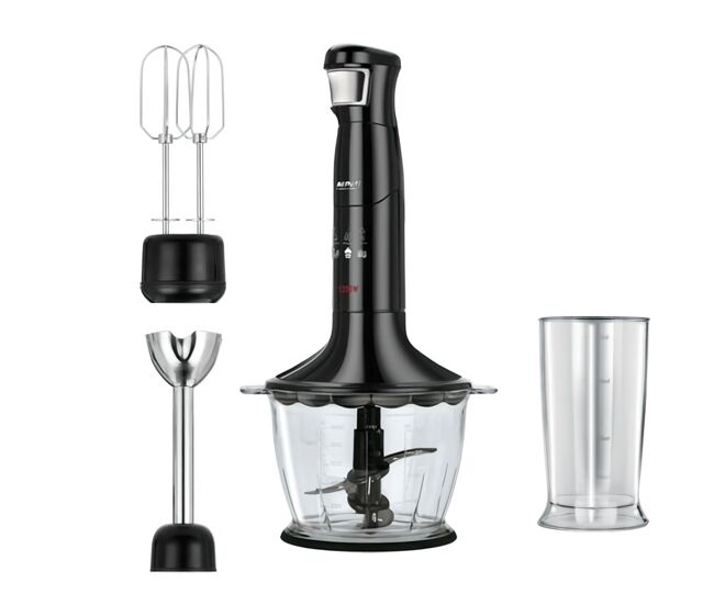 Mpm mbl-29/c set de varinha picador multiusos batedor, velocidade ajustável, lâminas acier inox, 1200, noir