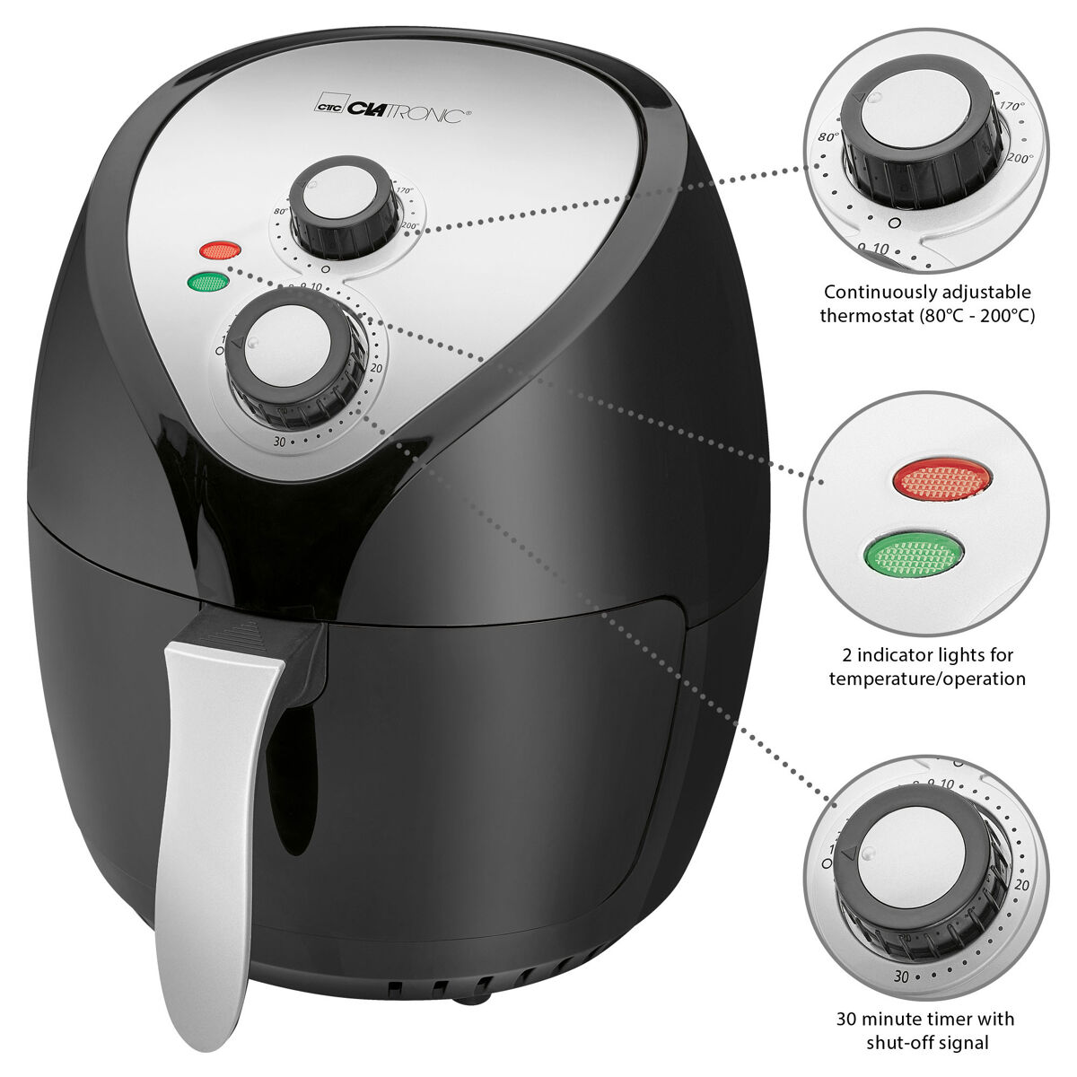 Clatronic fr 3699 h fritadeira 3,6 litros sem oleo air fryer, termóstato ajustável, temporizador, 1400, noir / gris