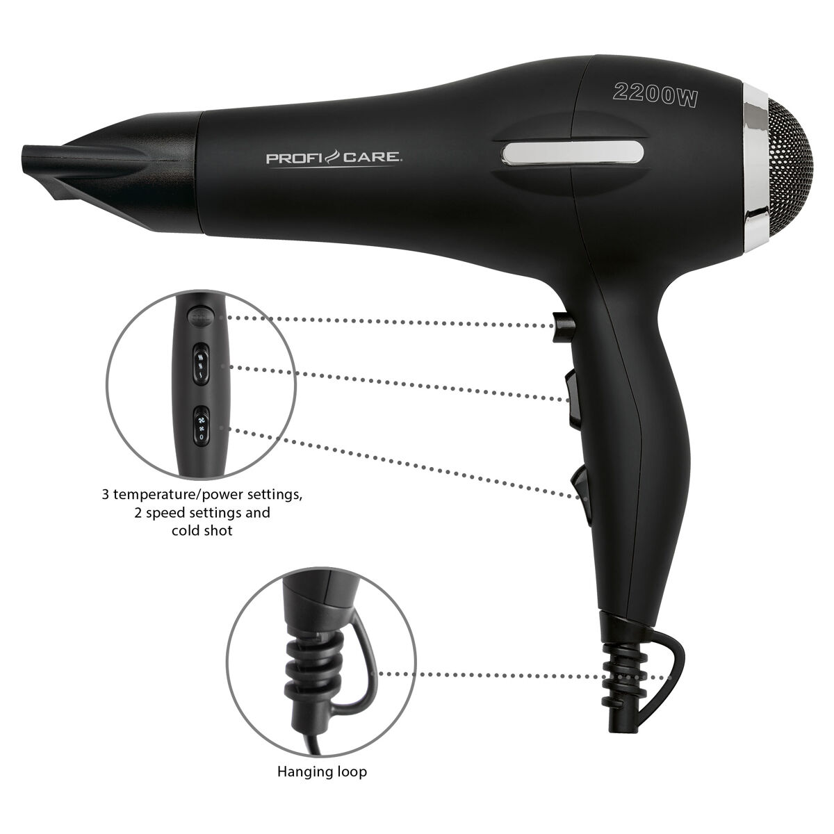 Proficare ht 3017 secador de cabelo 3 níveis temperatura difusor profissional ionic, 2200, noir