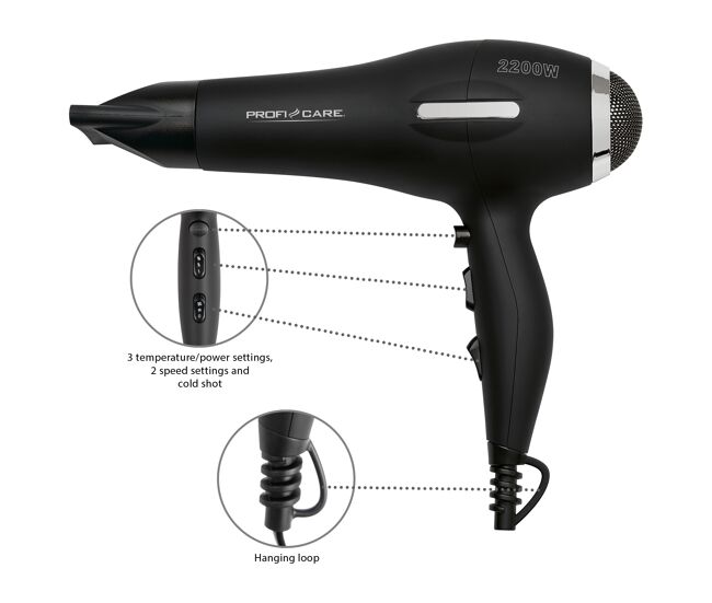 Proficare ht 3017 secador de cabelo 3 níveis temperatura difusor profissional ionic, 2200, noir