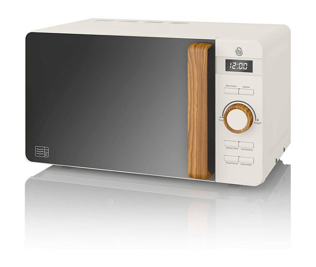 Swan sm22036whtneu micro-ondas 20l,6 níveis de funcionamento, temporizador 30 min, modo degelo, design moderno, cabo de efeito madeira, 800, blanc