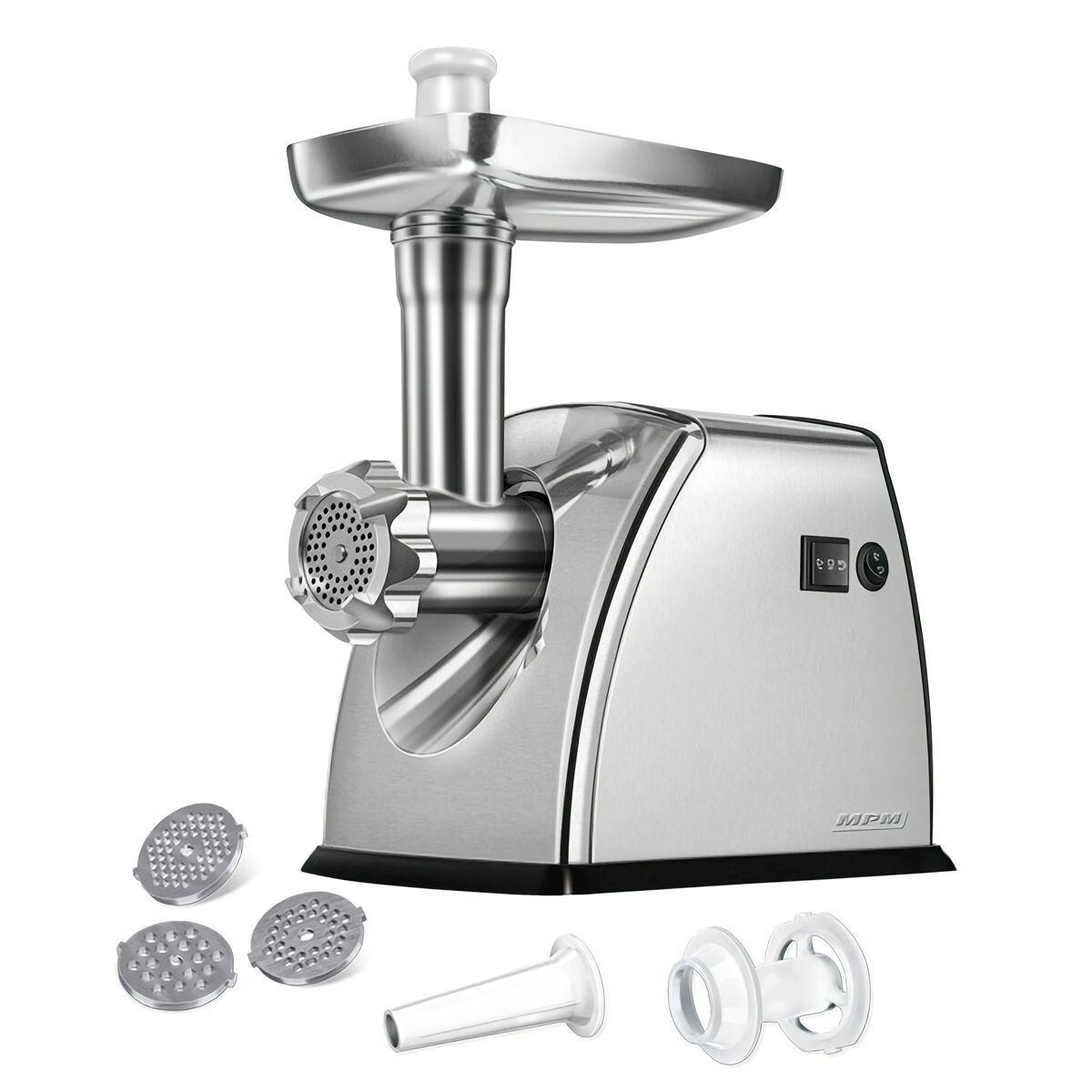 Mpm mmm-07m moedor de carne électrique, função reversa, acessórios e lâmina de acier inox, 1800, prata