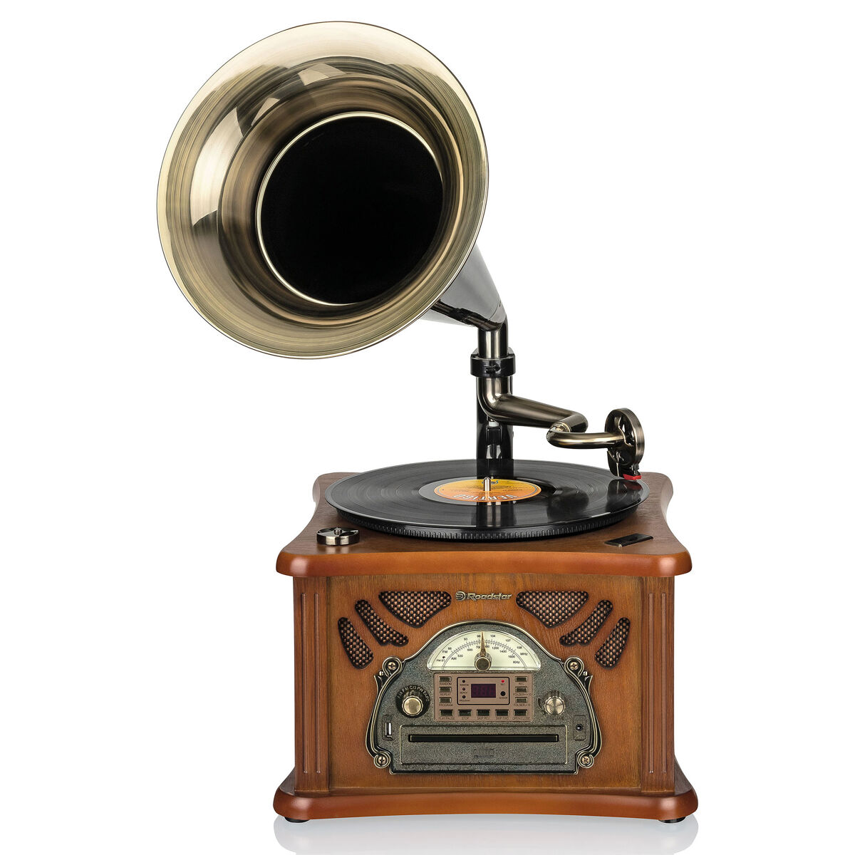 Roadstar hif-1850tumpk gramofone de madeira vintage, giradiscos de vinil vintage, rádio am/ fm, cd-mp3, cassete, usb, , maderia