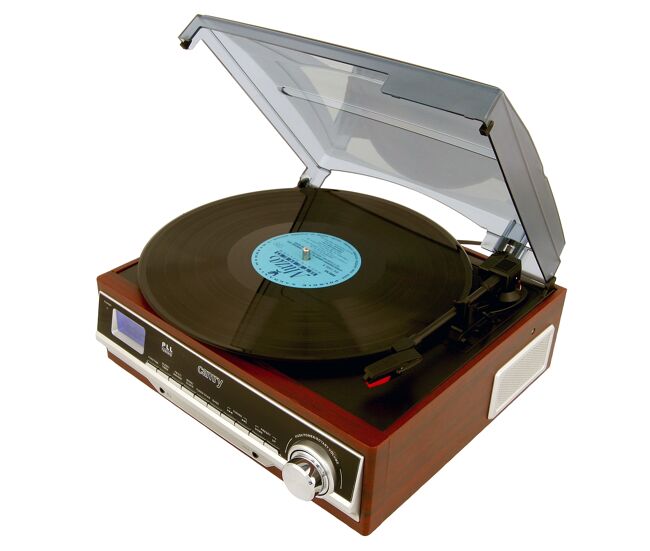 Camry cr 1113 gira-discos retro em madeira, 33-45-78 rpm, rádio am-fm, estéreo, vintage, despertador, aux 3,5 mm, visor lcd, , castanho