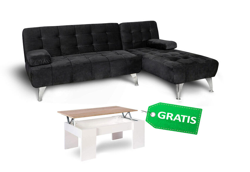 Sofá-cama com chaise longue e mesa de apoio