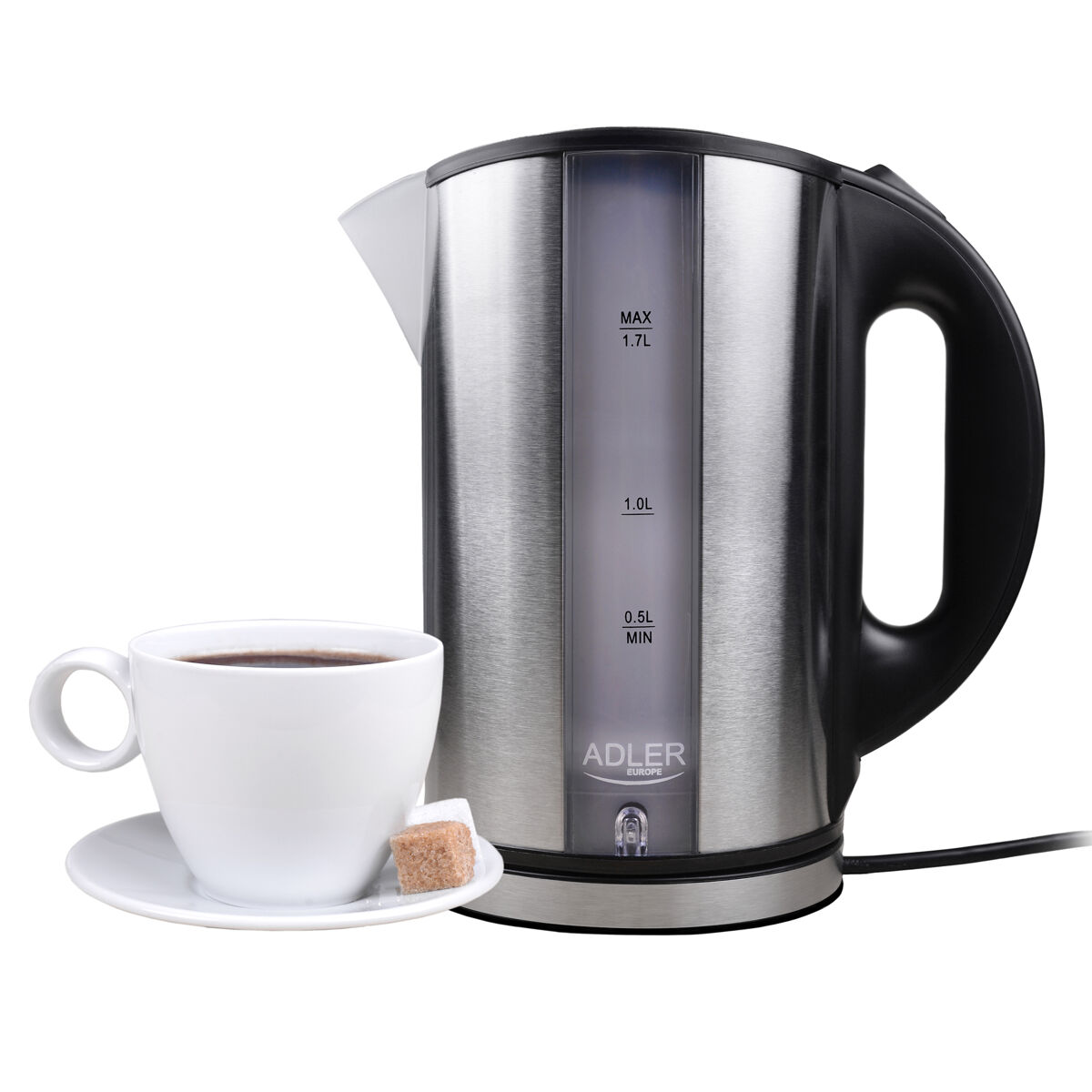 Adler ad 1216 jarro eléctrica 1,7 l, chaleira eléctrica, aço inoxidável sem bpa, sem fios, elemento de aquecimento oculto, 2200, prata